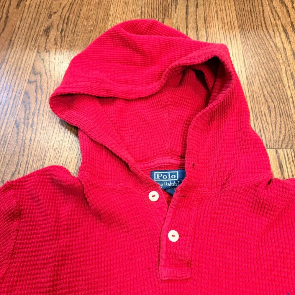 Polo‎ Ralph Lauren Waffle Knit Thermal Henley Hoodie Red Kids Size L Preppy